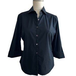 Faconnable Women’s 3/4 Sleeve Flip Cuff Stretch Poplin Shirt Black S